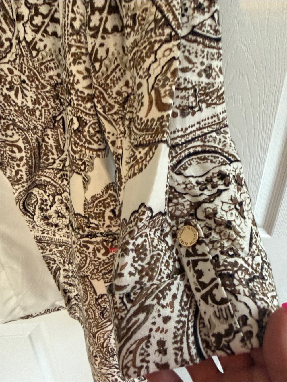 Calvin Klein Brown Paisley Print Open Front 3/4 Blazer on Ivory. Size 14W - Picture 3 of 4